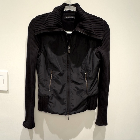 Elie Tahari Black Bomber Jacket with Ribbed Collar and Fitted Silhouette Size S